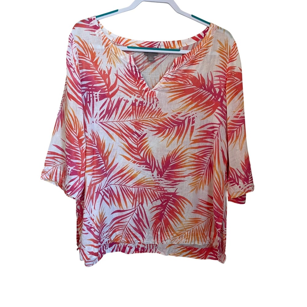 J.Jill Linen‎ Tropical Palm Print V-Neck Tunic Top Size LP PL White Pink Orange